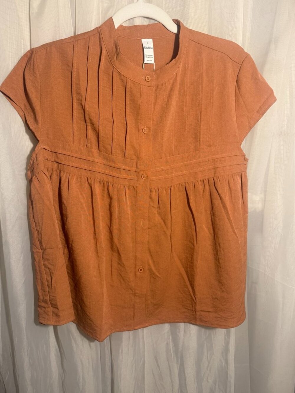 EXLURA Rust Orange Pleated Babydoll Button Front Blouse Small NWT